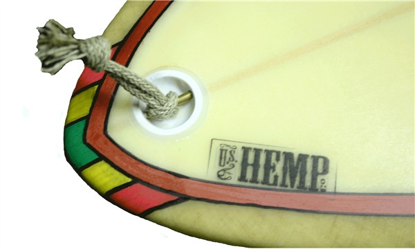 Hemp surfboard tail with Hemp leash and rasta stripes.